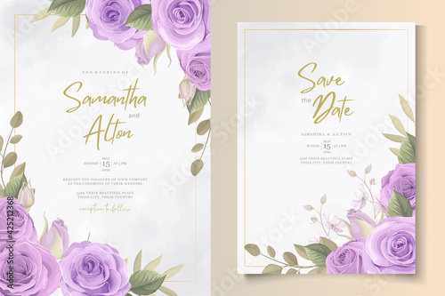 Modern wedding invitation template with purple floral design