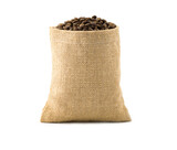 coffee bean in small burlap bags on white background