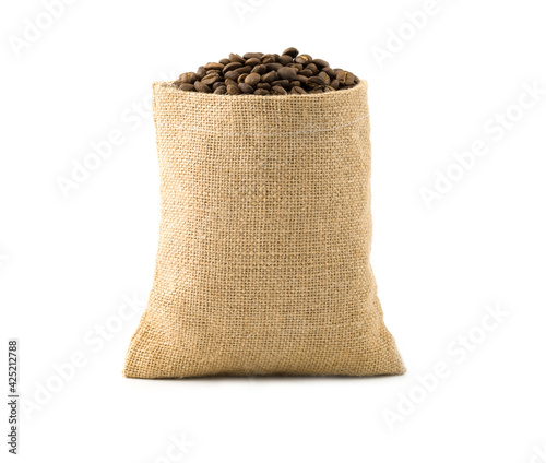 coffee bean in small burlap bags on white background