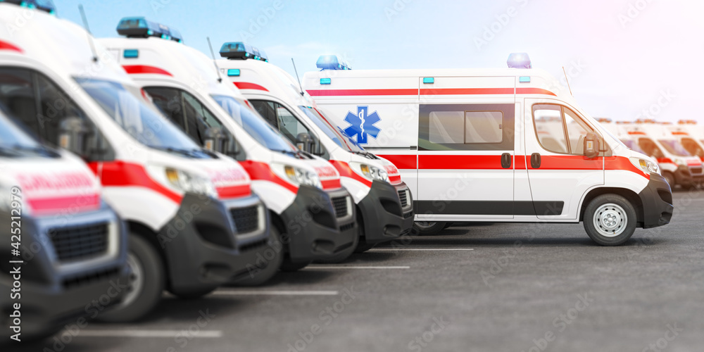 Ambulance cars in a row on a parking. Ambulance cars in a row on a parking.