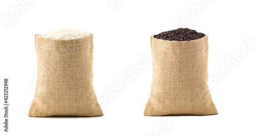 long rice in small burlap bags on white background