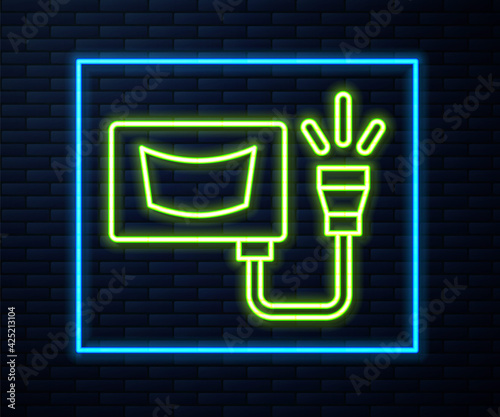 Glowing neon line Ultrasound icon isolated on brick wall background. Medical equipment. Vector