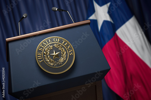 Press conference of governor of the state of Texas concept. Big Seal of the State of Texas on the tribune with flag of USA and Texas state. photo