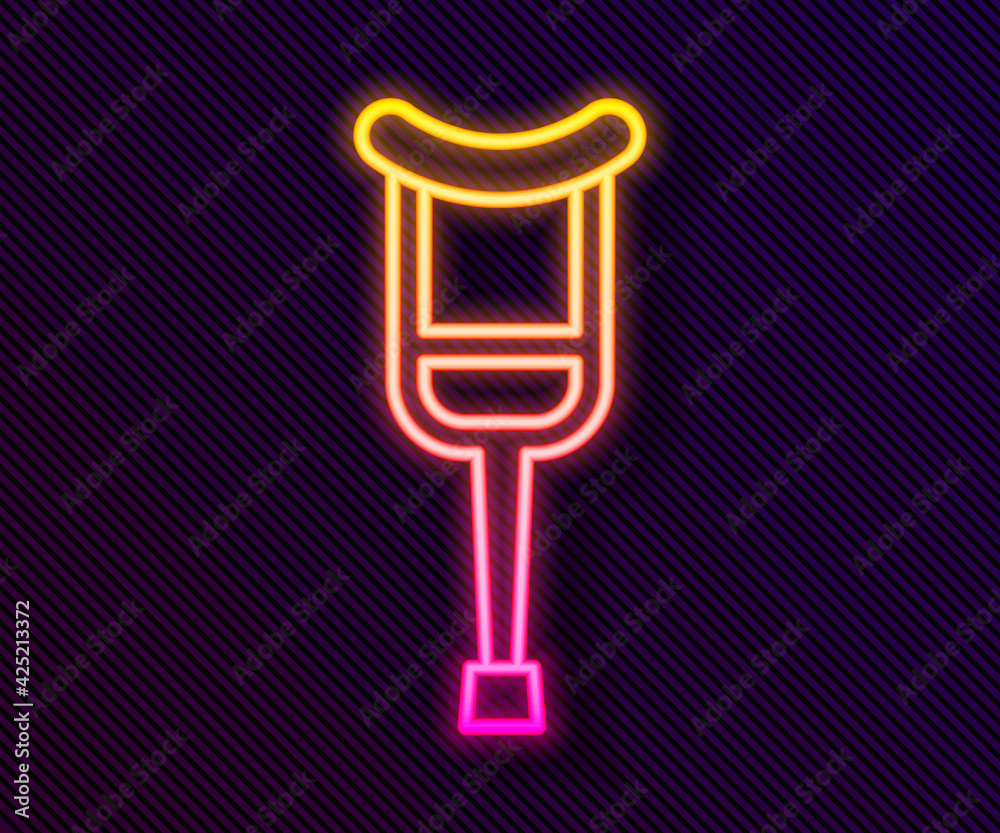 Glowing neon line Crutch or crutches icon isolated on black background. Equipment for rehabilitation of people with diseases of musculoskeletal system. Vector Glowing neon line Crutch or crutches icon isolated on black background. Equipment for rehabilitation of people with diseases of musculoskeletal system. Vector