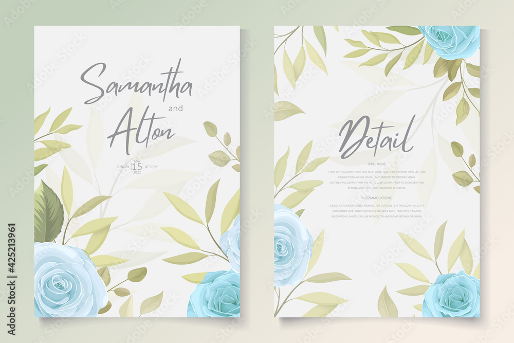 Modern wedding invitation template with blue floral design
