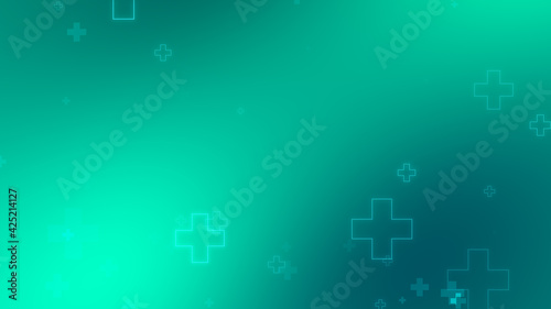 Medical health blue green cross neon light shapes pattern background. Abstract healthcare technology and science concept.
