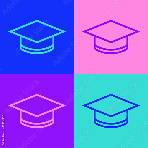 Pop art line Graduation cap icon isolated on color background. Graduation hat with tassel icon. Vector