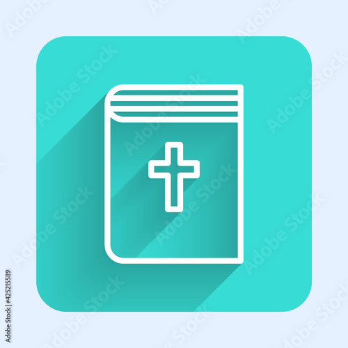White line Holy bible book icon isolated with long shadow. Green square button. Vector