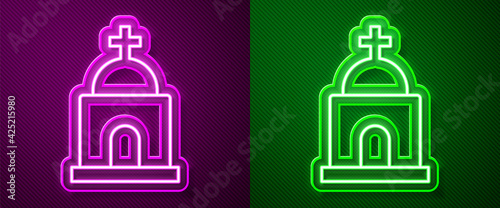 Glowing neon line Old crypt icon isolated on purple and green background. Cemetery symbol. Ossuary or crypt for burial of deceased. Vector