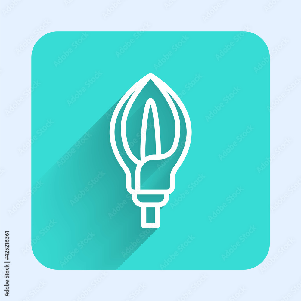White line Lily flower icon isolated with long shadow. Green square button. Vector White line Lily flower icon isolated with long shadow. Green square button. Vector