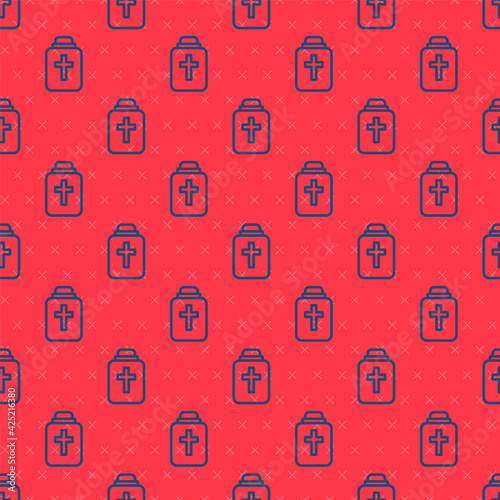 Blue line Funeral urn icon isolated seamless pattern on red background. Cremation and burial containers, columbarium vases, jars and pots with ashes. Vector