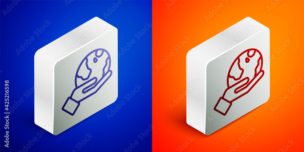 Isometric line Human hand holding Earth globe icon isolated on blue and orange background. Save earth concept. Silver square button. Vector Isometric line Human hand holding Earth globe icon isolated on blue and orange background. Save earth concept. Silver square button. Vector