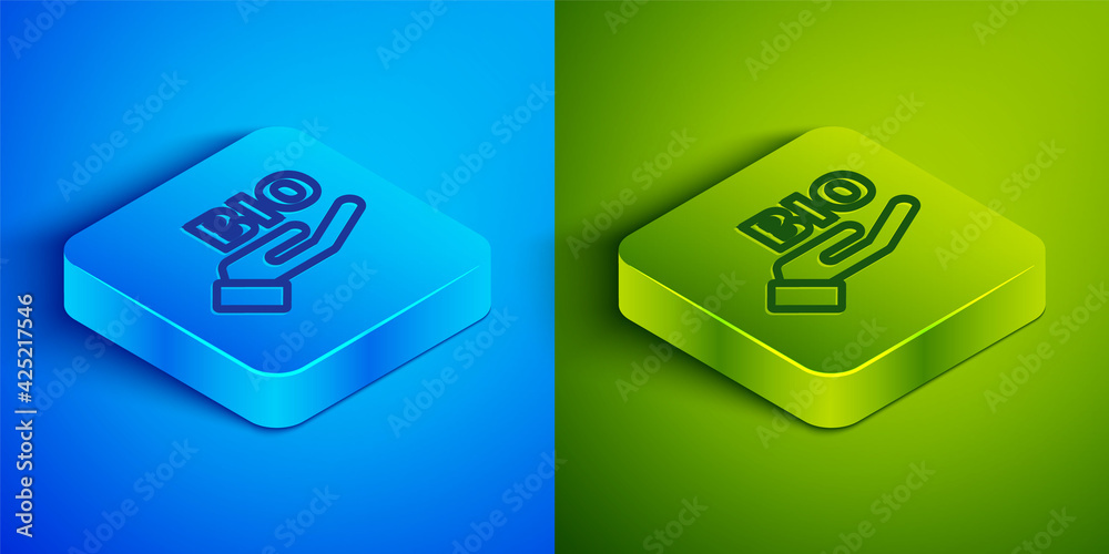Isometric line Bio green healthy food icon isolated on blue and green background. Organic product. Healthy food sticker. Square button. Vector Isometric line Bio green healthy food icon isolated on blue and green background. Organic product. Healthy food sticker. Square button. Vector