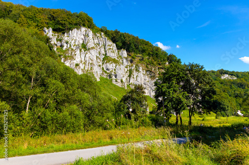 Jurassic limestone mountain massif with Glove Rock - Rekawica - in Pradnik creek valley of Cracow-Czestochowa upland in Ojcow in Lesser Poland photo