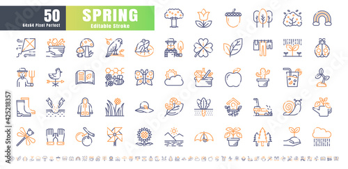 64x64 Pixel Perfect. Spring Season. Bicolor Line Outline Icons Vector. for Website, Application, Printing, Document, Poster Design, etc. Editable Stroke