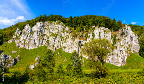 Jurassic limestone mountain massif with Glove Rock - Rekawica - in Pradnik creek valley of Cracow-Czestochowa upland in Ojcow in Lesser Poland