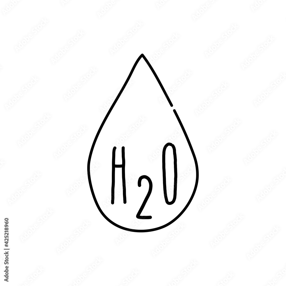 Fórmula química del agua. Gota con palabra h2o escrito a mano con lineas en color gris Fórmula química del agua. Gota con palabra h2o escrito a mano con lineas en color gris
