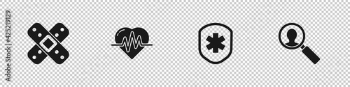 Set Crossed bandage plaster, Heart rate, Medical shield with cross and analysis icon. Vector