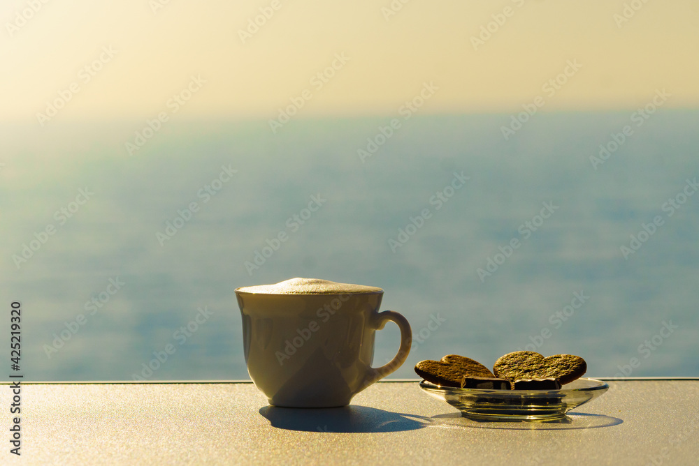 Coffee cups on sea shore. Travel outdoor picnic. Coffee cups on sea shore. Travel outdoor picnic.