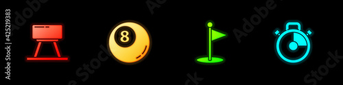Set Pommel horse, Billiard pool snooker ball, Golf flag and Stopwatch icon. Vector