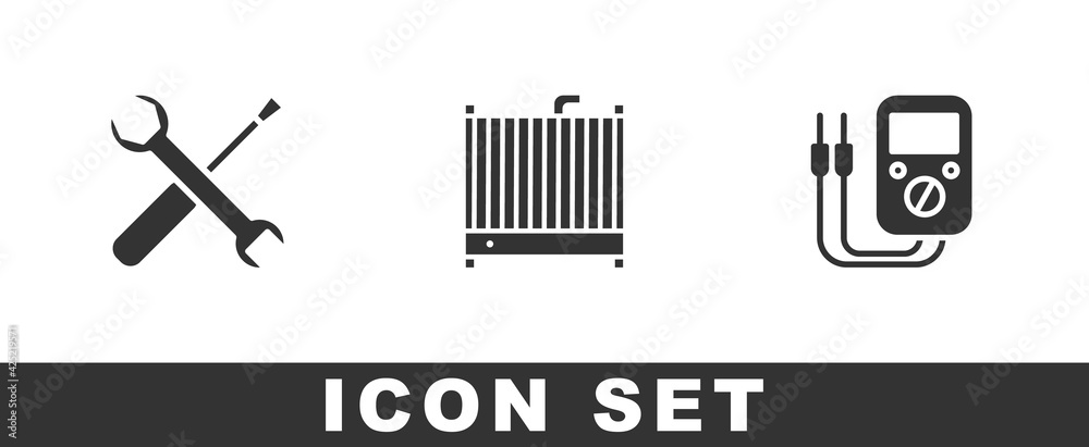 Set Screwdriver and wrench spanner, Car radiator cooling system and Multimeter icon. Vector Set Screwdriver and wrench spanner, Car radiator cooling system and Multimeter icon. Vector