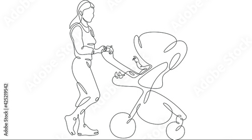 Young mother on a walk with a small child in a stroller. Motherhood and upbringing. One continuous drawing line  logo single hand drawn art doodle isolated minimal illustration.