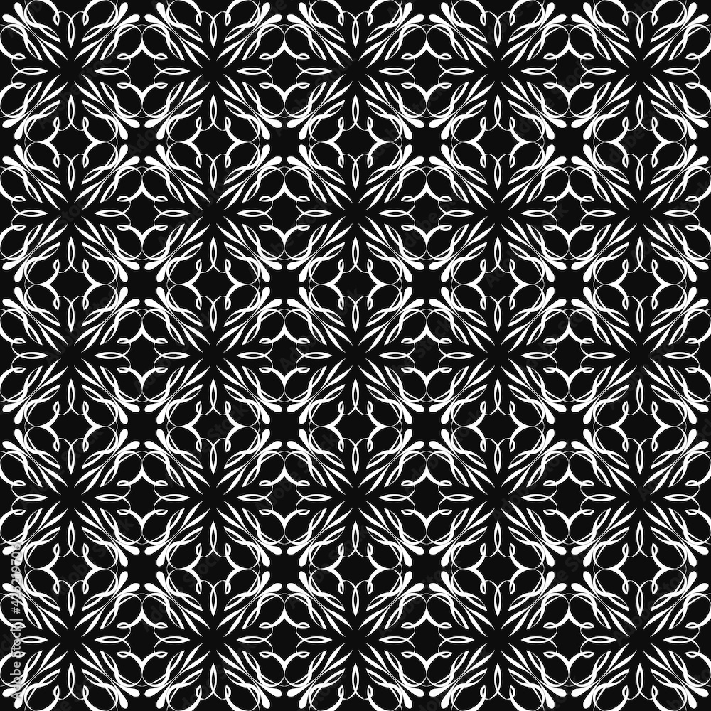 Geometric of floral tiles pattern. Design classic style white on black background. Design print for illustration, texture, wallpaper, background.