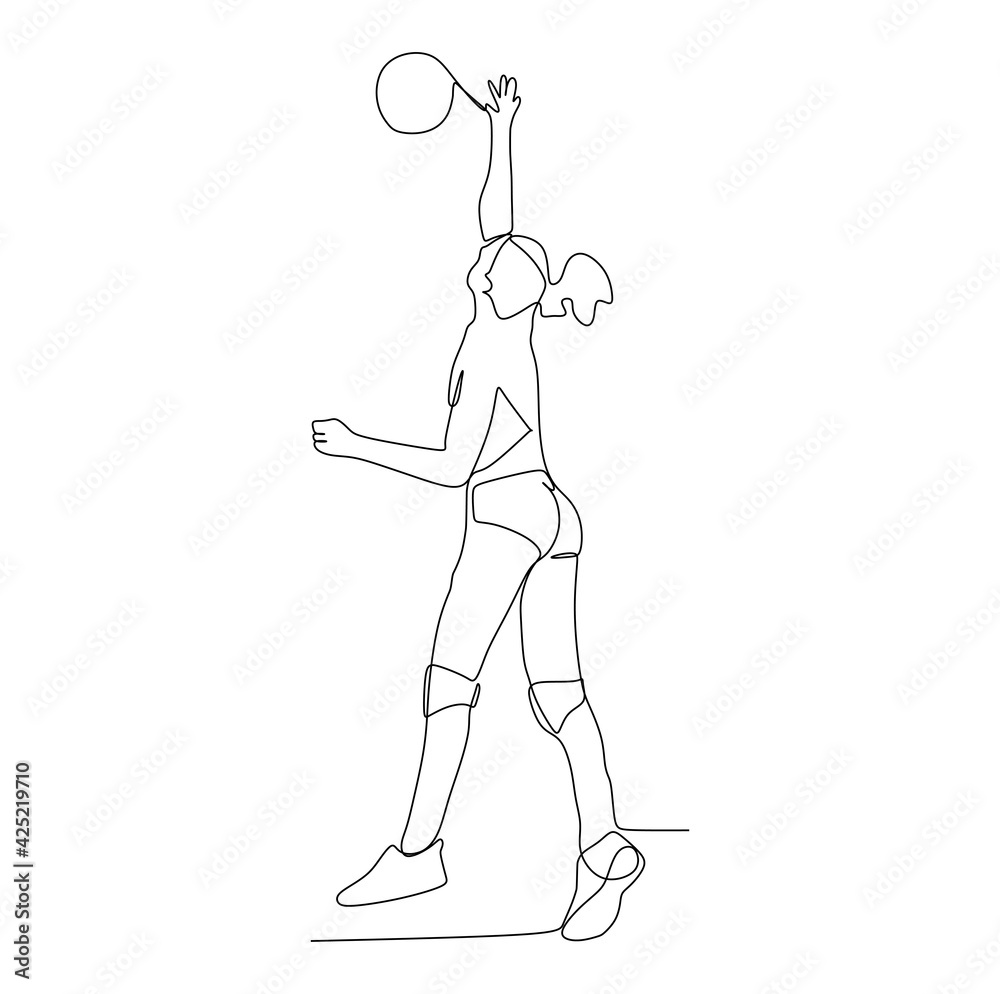 Single line drawing of young male professional volleyball player exercising jumping serve on court vector illustration. Team sport concept. Tournament event. Modern continuous line draw design