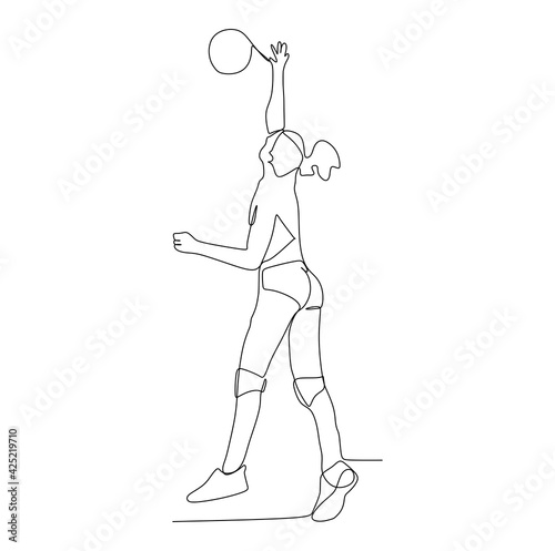 Fototapeta Naklejka Na Ścianę i Meble -  Single line drawing of young male professional volleyball player exercising jumping serve on court vector illustration. Team sport concept. Tournament event. Modern continuous line draw design