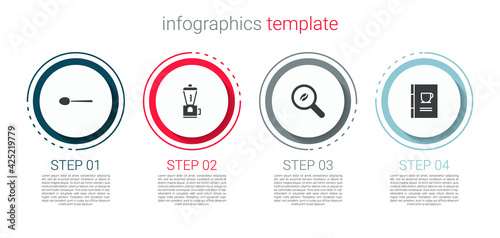 Set Spoon, Electric coffee grinder, Selection beans and Coffee book. Business infographic template. Vector