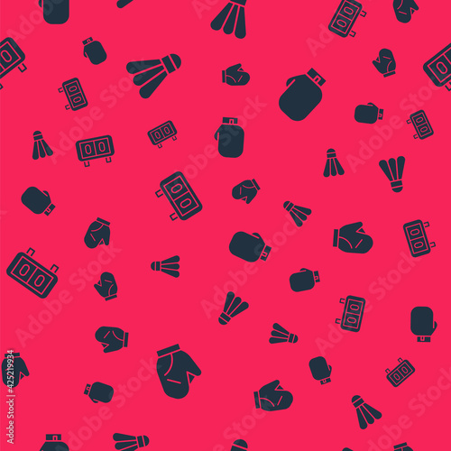 Set Baseball glove, Badminton shuttlecock, Sport mechanical scoreboard and Boxing on seamless pattern. Vector