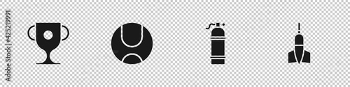 Set Award cup, Tennis ball, Aqualung and Dart arrow icon. Vector