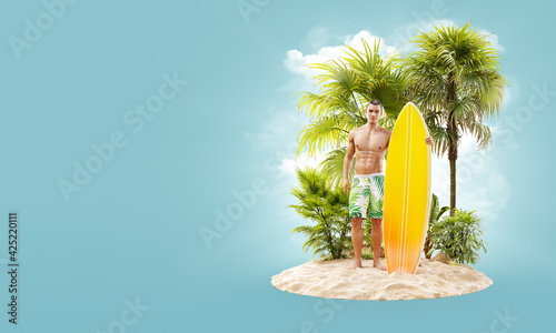 Unusual 3d illustration of a attractive fit man with surfboard on a tropical ...