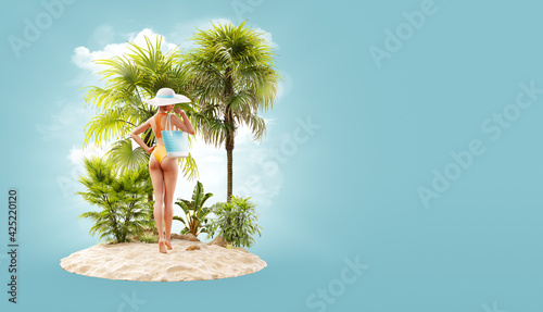 Unusual 3d illustration of a slender female with handbag on a tropical island...