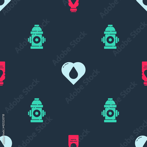 Set Bottle of water, Heart with drop and Fire hydrant on seamless pattern. Vector
