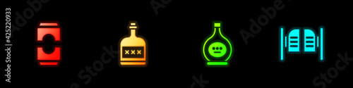 Set Beer can, Alcohol drink Rum bottle, Bottle of cognac or brandy and Saloon door icon. Vector
