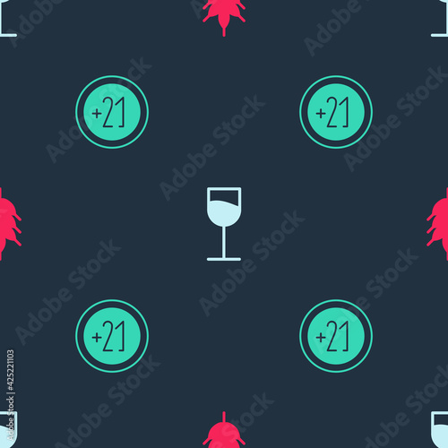 Set Hop, Wine glass and Alcohol 21 plus on seamless pattern. Vector