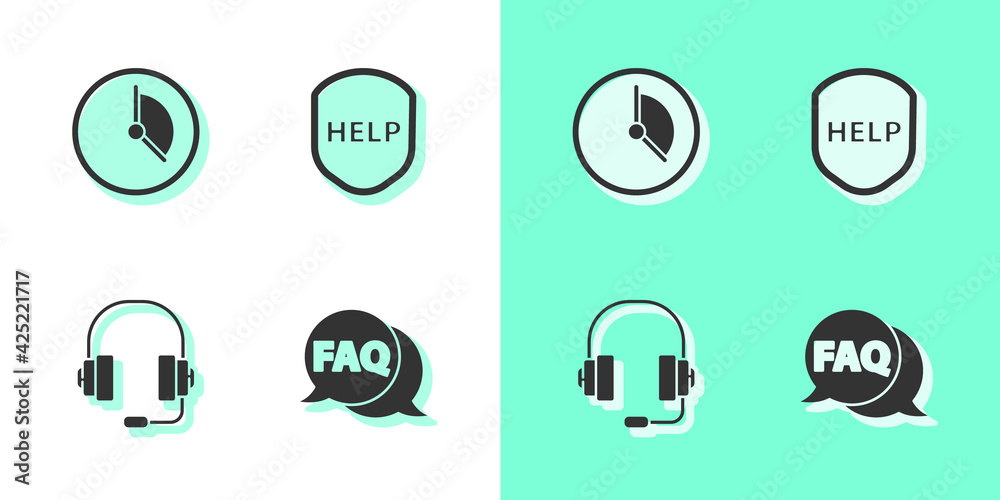 Fototapeta premium Set Speech bubble with FAQ, Time Management, Headphones and Shield text Help icon. Vector