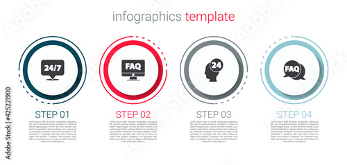 Set Clock 24 hours, Computer monitor and FAQ, Support operator in touch and Speech bubble with. Business infographic template. Vector