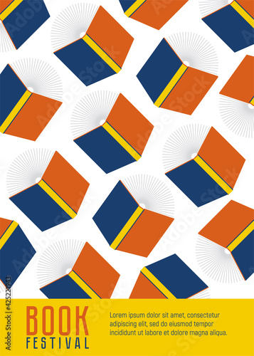 Book festival. Vertical banner or poster. Open books flying. Concept. Vector minimal background. Pattern for a library, bookstore.  Design template for education theme.