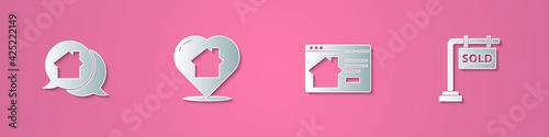 Set paper cut Real estate message house, House with heart shape, Online real and Hanging sign Sold icon. Paper art style. Vector