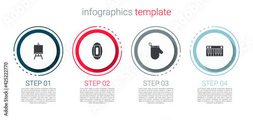 Set Easel or painting art boards, American Football ball, Oven glove and Music synthesizer. Business infographic template. Vector