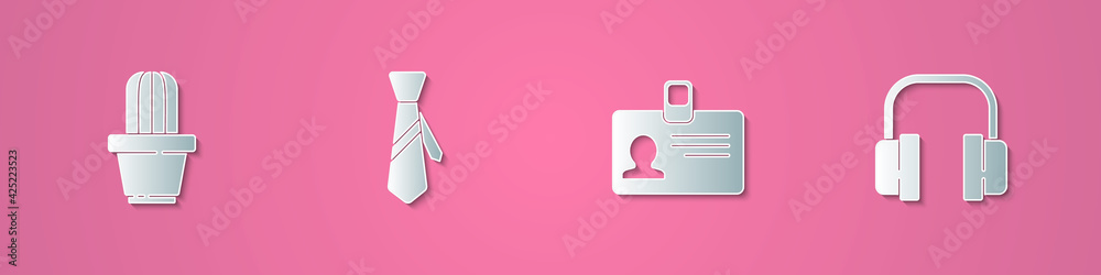 Set paper cut Cactus and succulent in pot, Tie, Identification badge and Headphones icon. Paper art style. Vector Set paper cut Cactus and succulent in pot, Tie, Identification badge and Headphones icon. Paper art style. Vector