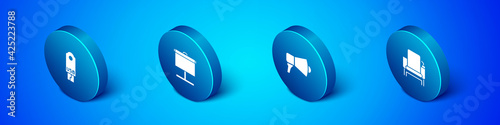 Set Isometric USB flash drive, Megaphone, Cinema chair and Projection screen icon. Vector