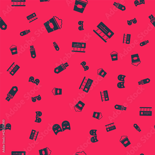 Set Comedy and tragedy masks, Popcorn in box, USB flash drive and Movie clapper on seamless pattern. Vector