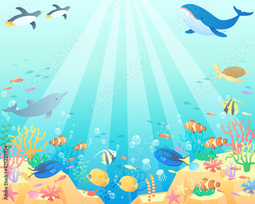 夏の海でクジラやペンギンやイルカが泳いでいるベクターイラスト背景(風景、コピースペース)