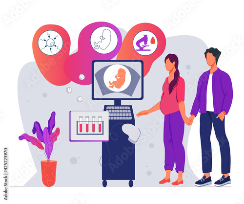 Family Reproduction clinic concept. Pregnancy planning, in vitro fertilization and genetic tests. Young couple visits family doctor, flat vector illustration isolated on white background.