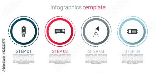 Set USB flash drive, Movie, film, media projector, spotlight and Cinema ticket. Business infographic template. Vector