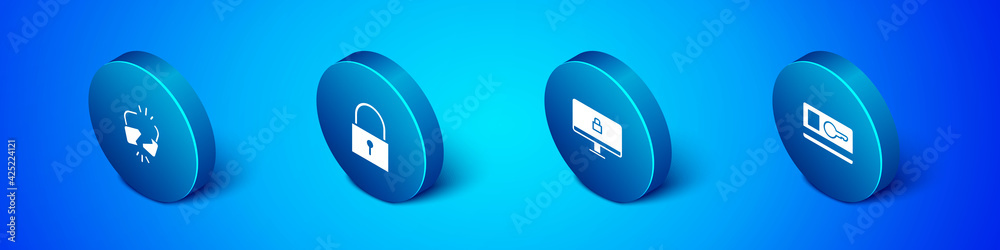 Set Isometric Broken or cracked lock, Lock on computer monitor, Key card and icon. Vector Set Isometric Broken or cracked lock, Lock on computer monitor, Key card and icon. Vector