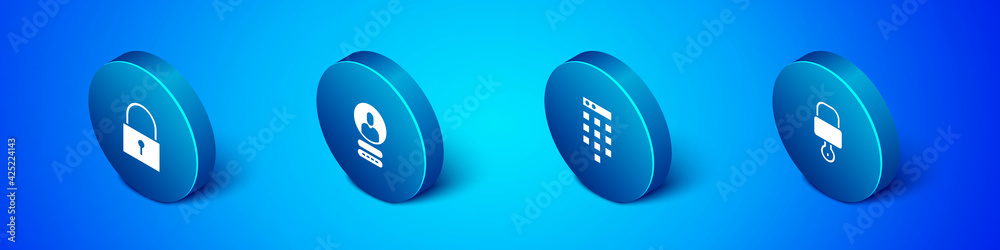 Set Isometric Lock, Password protection, and key and Create account screen icon. Vector